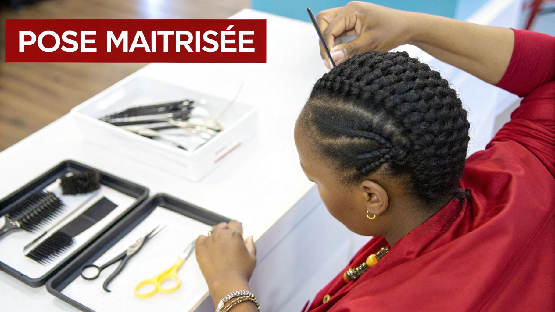 Coiffeuse professionnelle réalisant une coiffure protectrice tressée sur cheveux naturels avec outils de coiffure