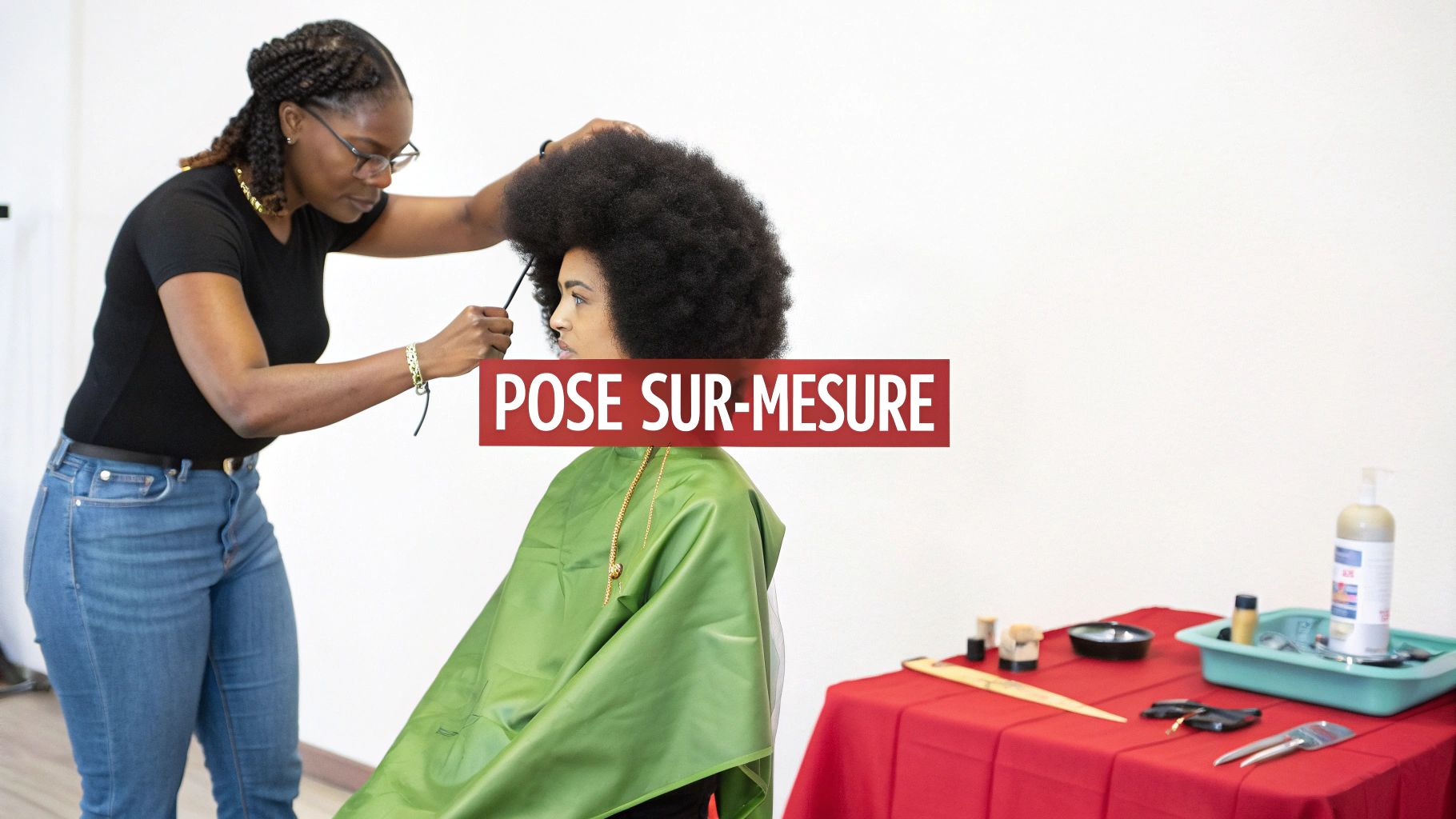 Une coiffeuse afro-américaine stylisant les cheveux afro volumineux d'une cliente dans un salon, avec des outils sur une table.