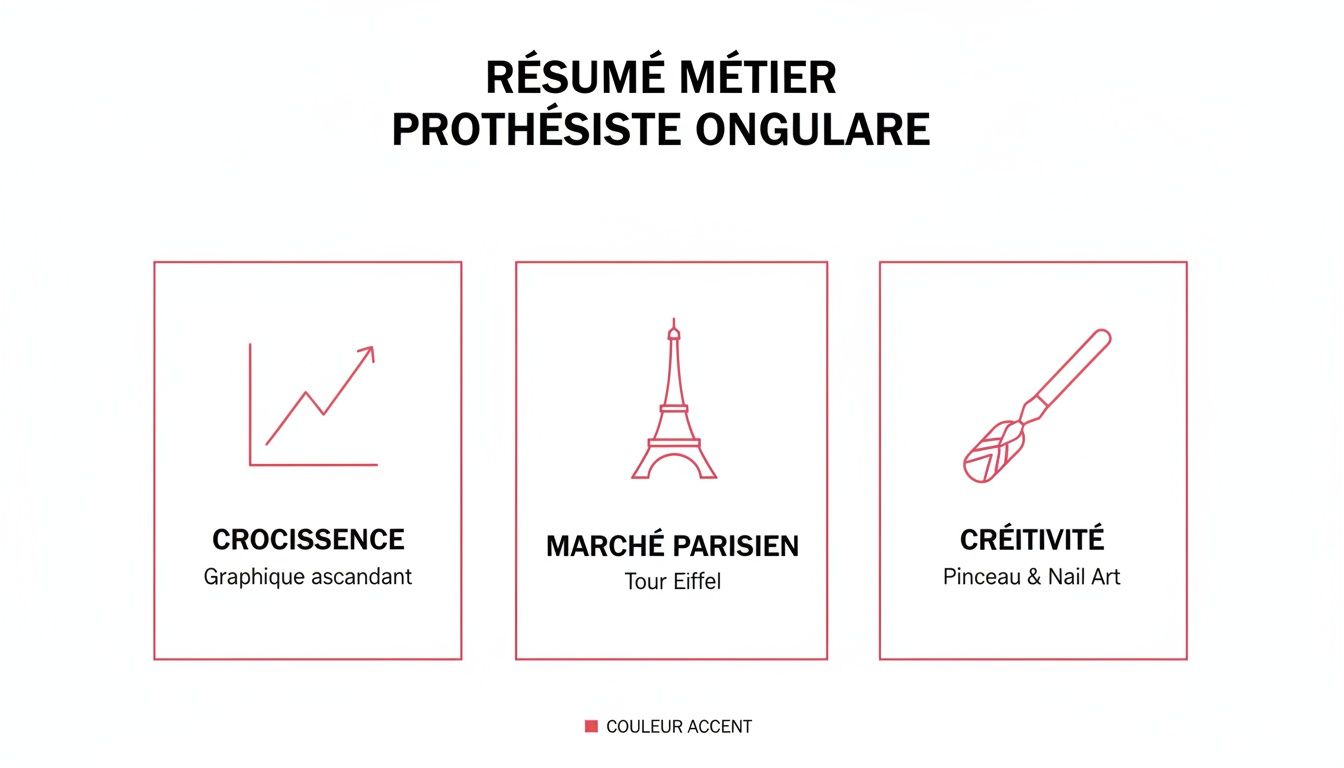 Infographie présentant le résumé du métier de prothésiste ongulaire, abordant la croissance, le marché parisien et la créativité.