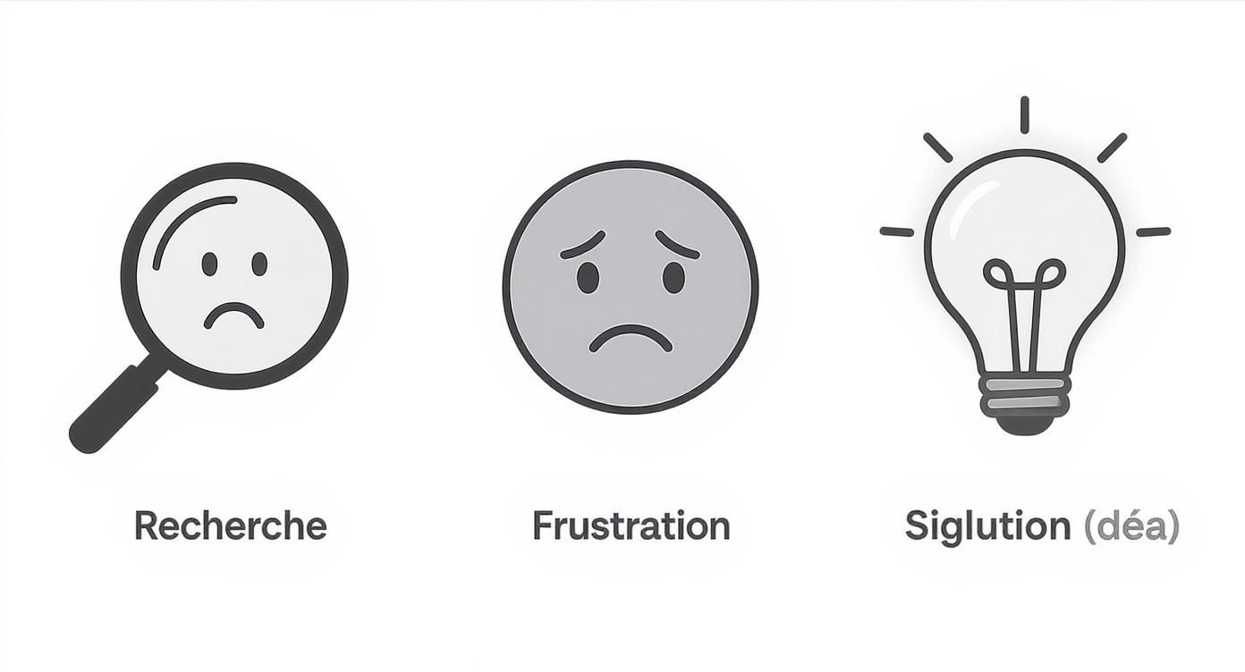 Une série d'icônes montrant une recherche frustrante (loupe), la frustration (visage triste) et une idée (ampoule).