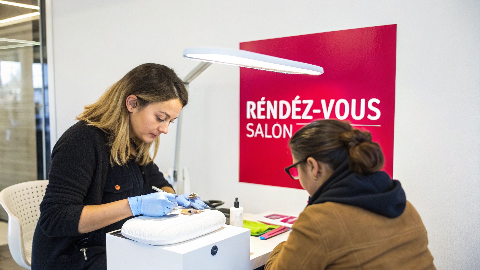 Esthéticienne en gants bleus faisant une pose d'ongles à une cliente dans un salon de beauté.