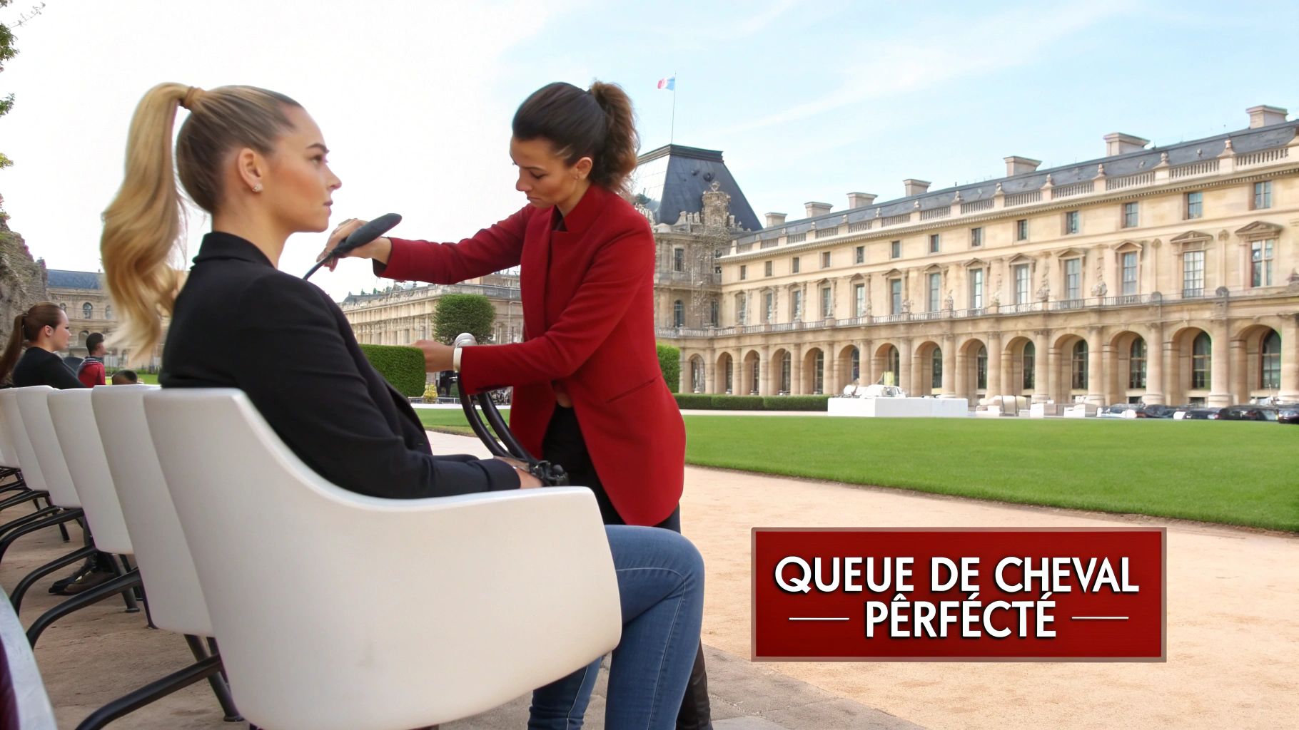 Deux femmes, l'une coiffant l'autre, devant le Louvre à Paris, créant une queue de cheval parfaite.