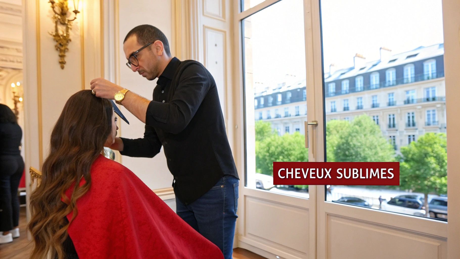 Coiffeur professionnel travaillant sur cheveux longs d'une cliente dans un salon élégant parisien