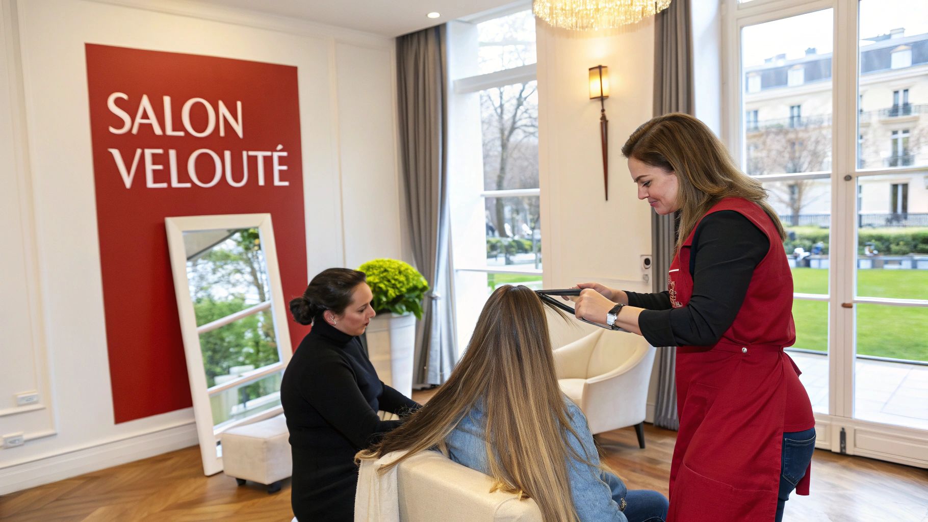 Une coiffeuse lisse les longs cheveux d'une cliente dans un salon moderne, sous le panneau 'Salon Velouté'.