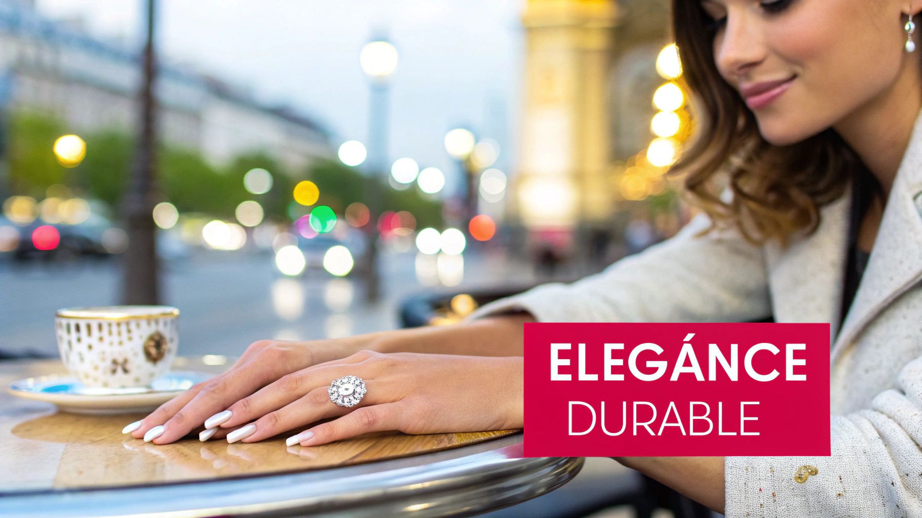Mains de femme avec une bague en diamant et du vernis à ongles blanc, dans un café élégant en ville.