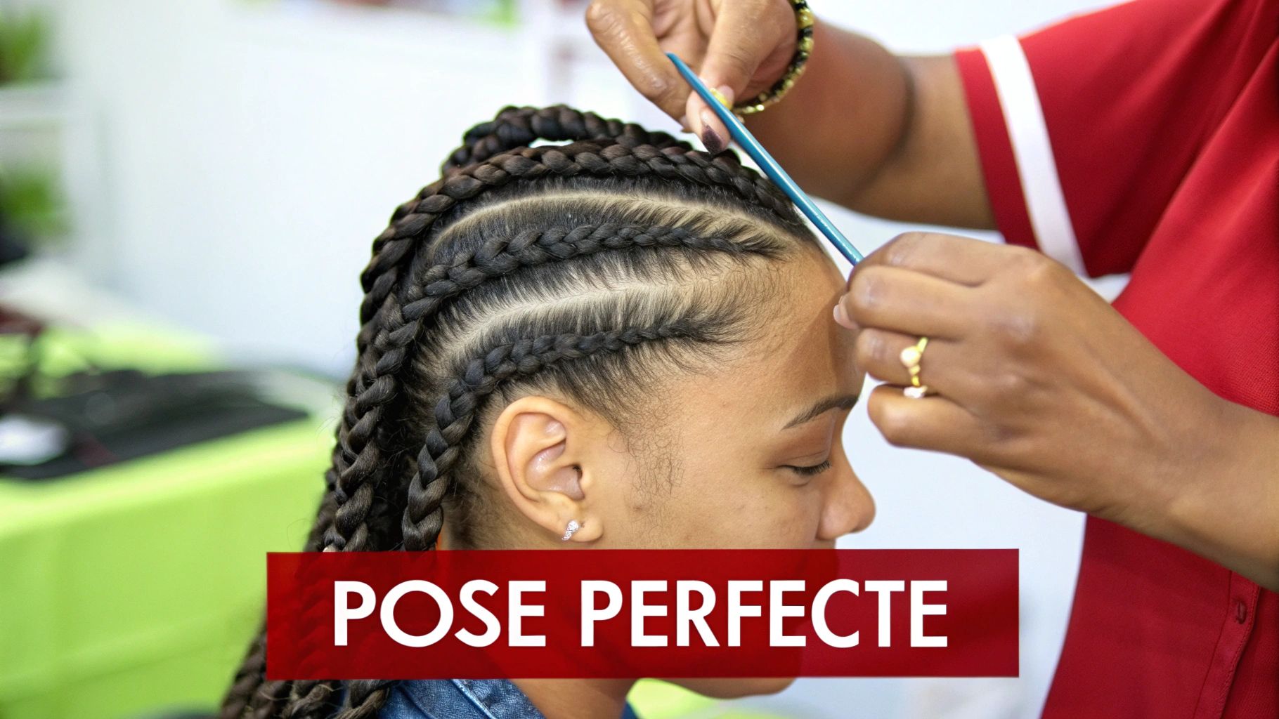 Une styliste coiffe avec soin le tissage d'une cliente dans un salon élégant.