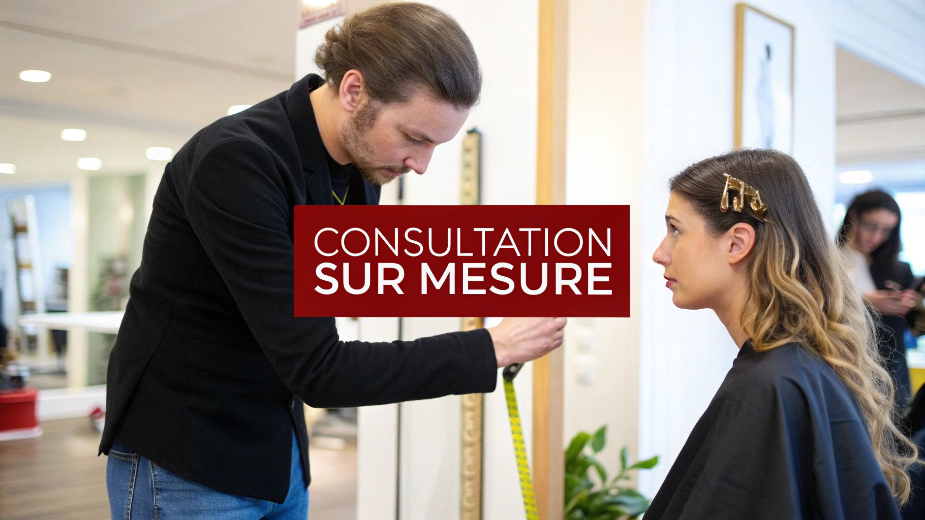 Un coiffeur ou styliste mesure les cheveux d'une cliente lors d'une consultation personnalisée.