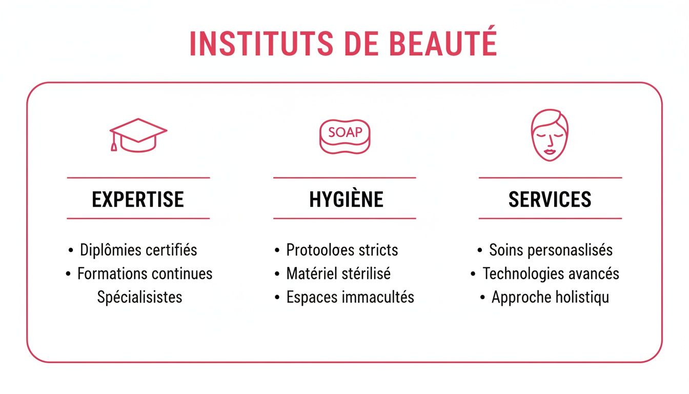 Infographie des instituts de beauté, détaillant leur expertise, les protocoles d'hygiène et les services offerts, avec icônes.