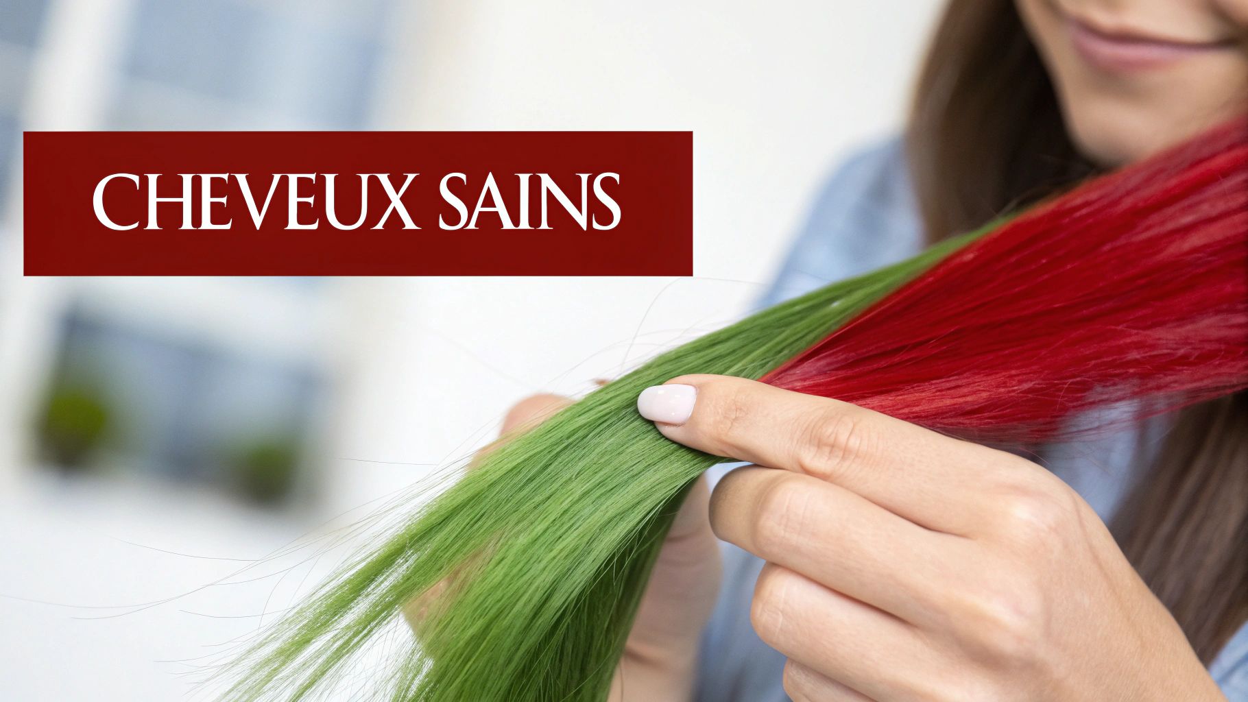 Femme tenant une mèche de cheveux colorés en rouge et vert, cheveux sains après coloration