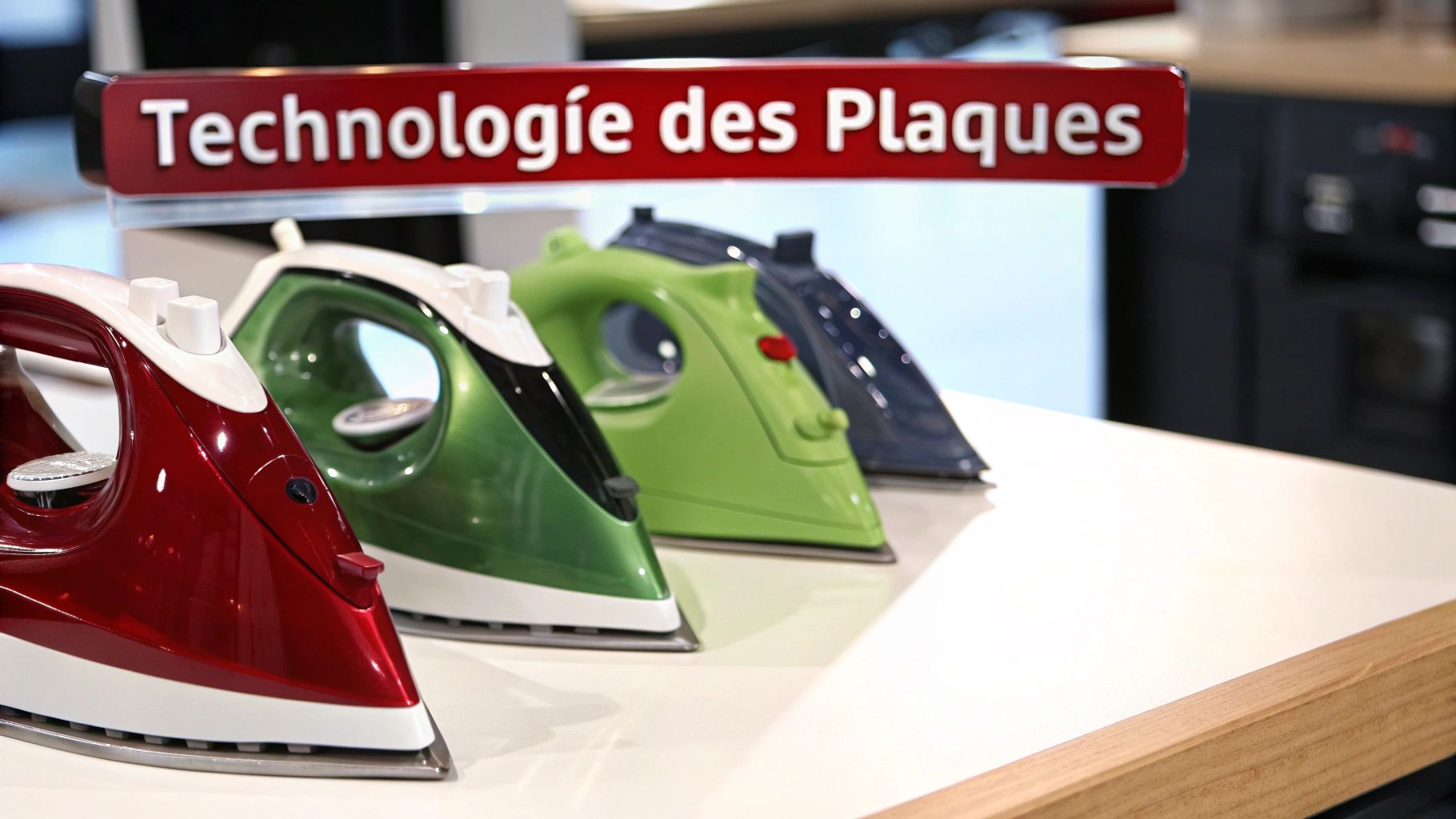 Plusieurs fers à repasser colorés, rouge, vert et bleu, affichés sous une enseigne « Technologie des Plaques ».