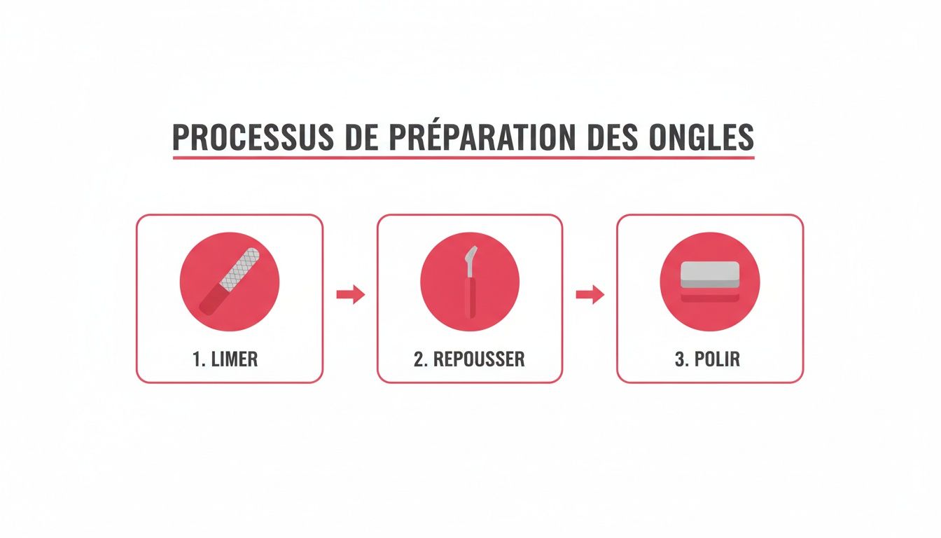 Étapes illustrées pour la préparation des ongles, incluant limage, repoussage des cuticules et polissage.