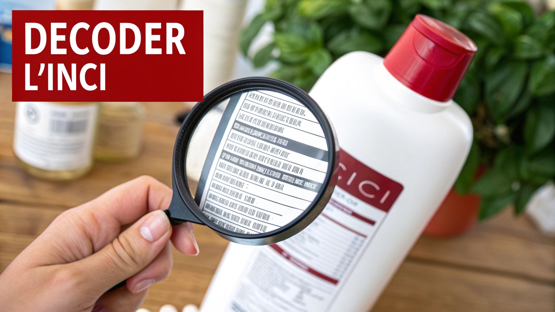 Une main tenant une loupe pour décoder la liste INCI des ingrédients d'un produit cosmétique sur fond en bois.