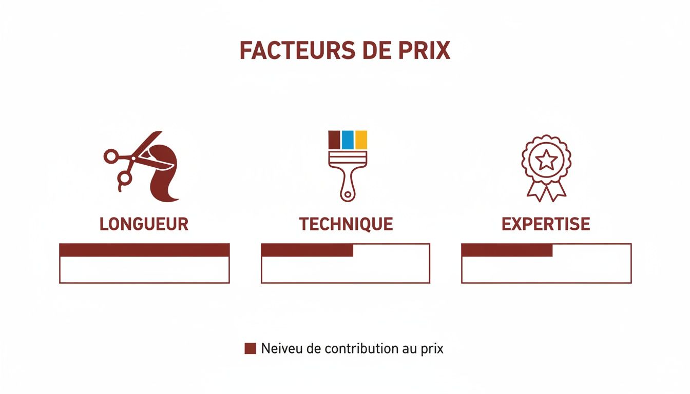 Infographie illustrant les facteurs de prix pour un service, incluant la longueur, la technique et l'expertise, avec leur contribution.