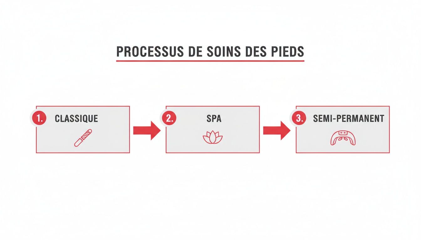 Infographie illustrant le processus de soins des pieds en trois étapes : classique, spa et semi-permanent, avec icônes distinctes.
