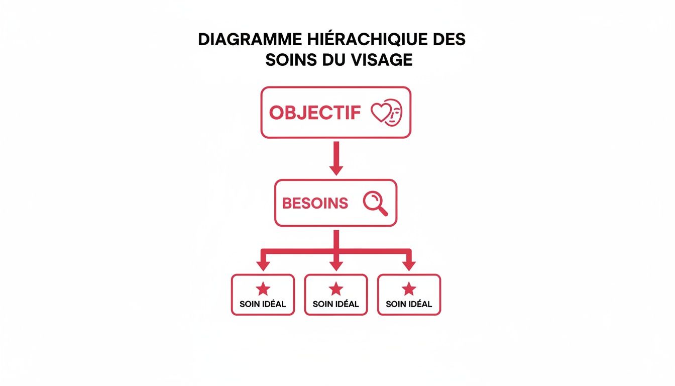 Diagramme hiérarchique détaillant l'objectif, les besoins et les soins idéaux pour le visage.