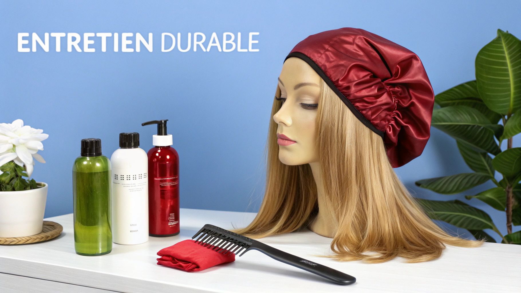 Tête de mannequin avec perruque blonde et bonnet en satin, entourée de produits d'entretien capillaire et d'un peigne.