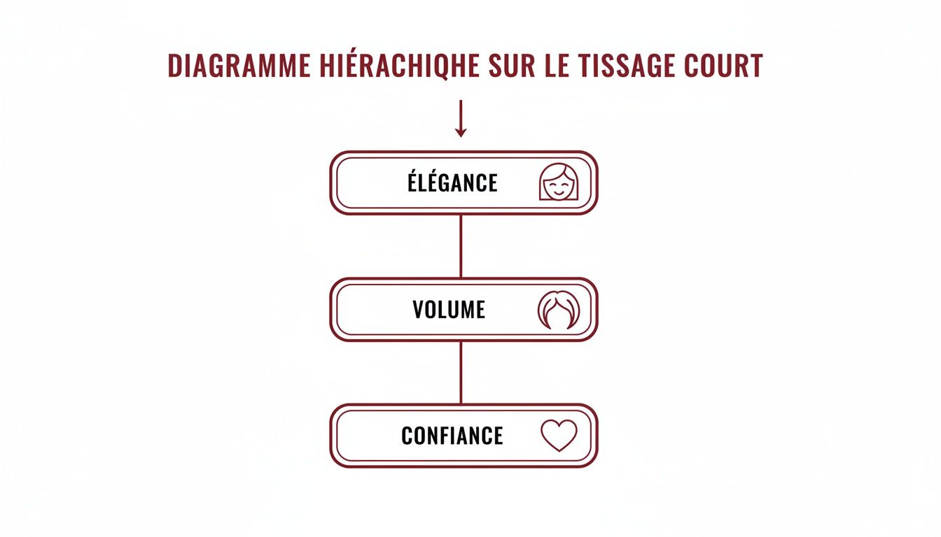 Diagramme hiérarchique détaillant l'impact du tissage court, illustrant les étapes: Élégance, Volume et Confiance.