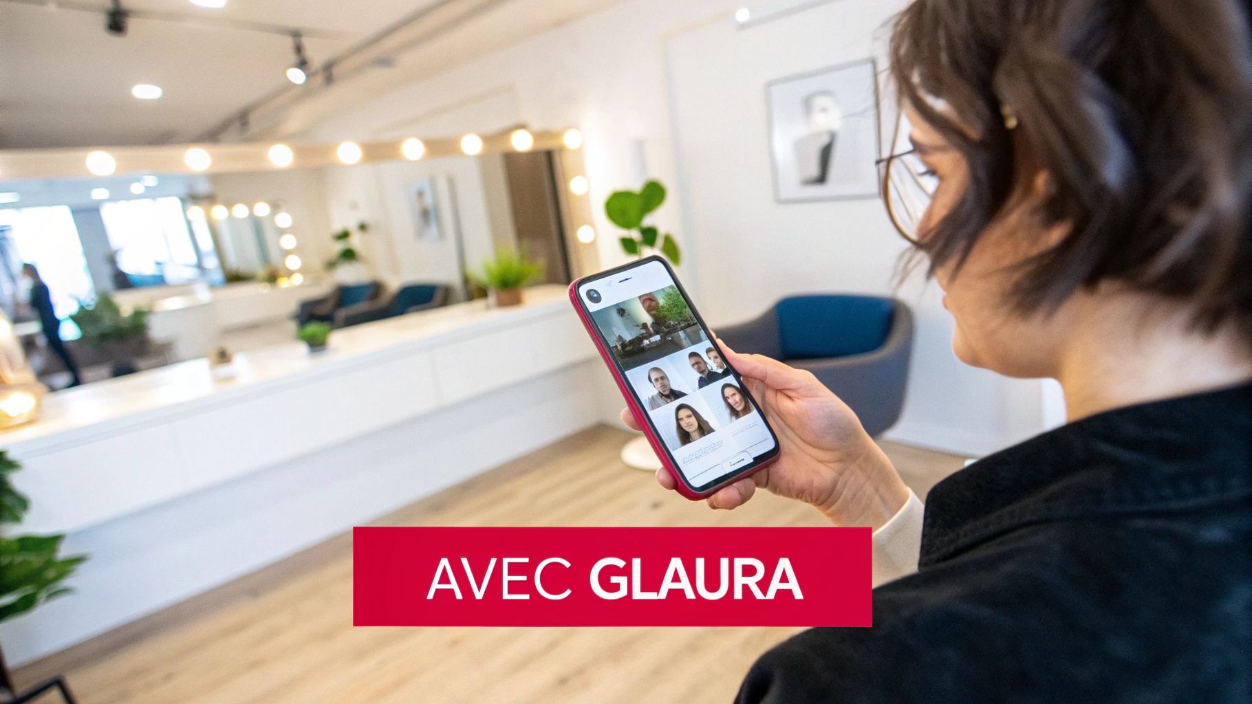 Personne tenant un smartphone affichant un appel vidéo dans un salon avec miroir éclairé, avec le texte « AVEC GLAURA ».