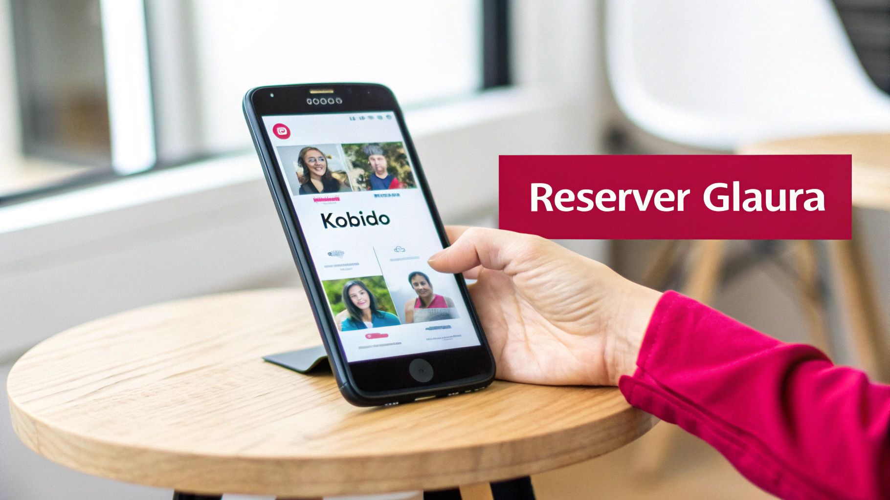 Main tenant un smartphone affichant l'application Kobido avec des profils de personnes, posé sur une table en bois.