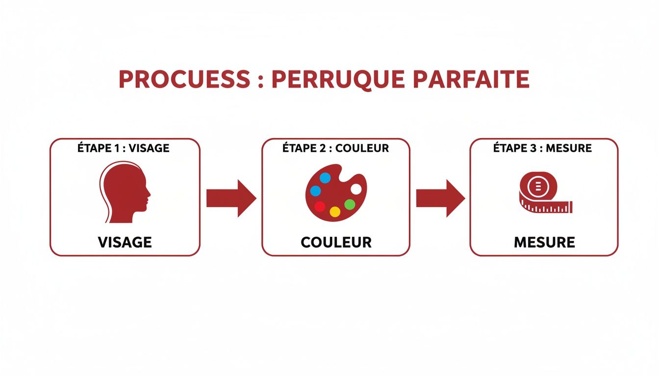 Infographie illustrant le processus en 3 étapes pour une perruque parfaite : visage, couleur et mesure.