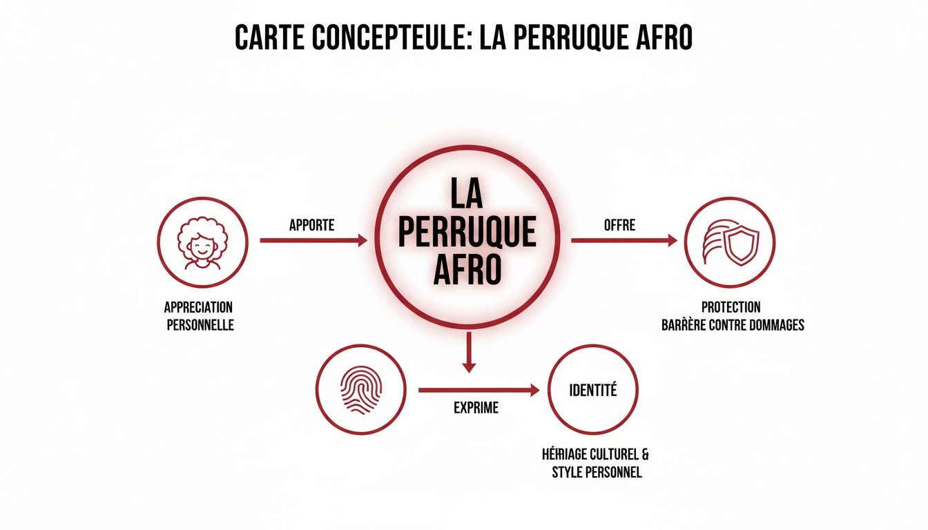 Carte conceptuelle montrant comment la perruque afro apporte appréciation, protection et exprime identité culturelle et style personnel.