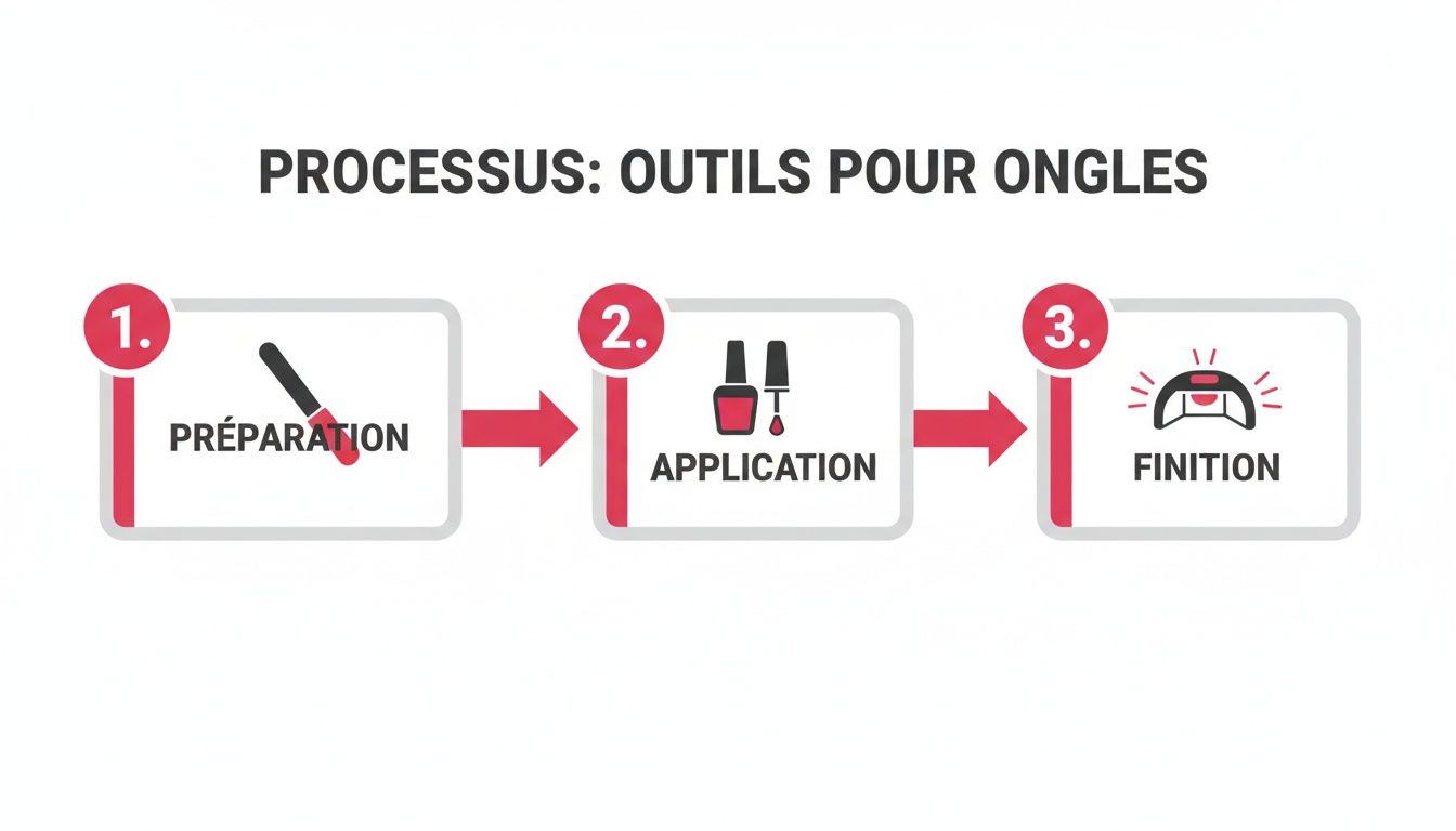 Processus en trois étapes pour les outils d'ongles : préparation, application de vernis et finition avec une lampe UV.