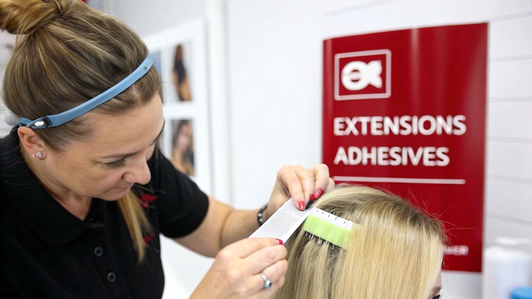 Une femme styliste applique des extensions de cheveux adhésives sur des cheveux blonds à l'aide d'un peigne.