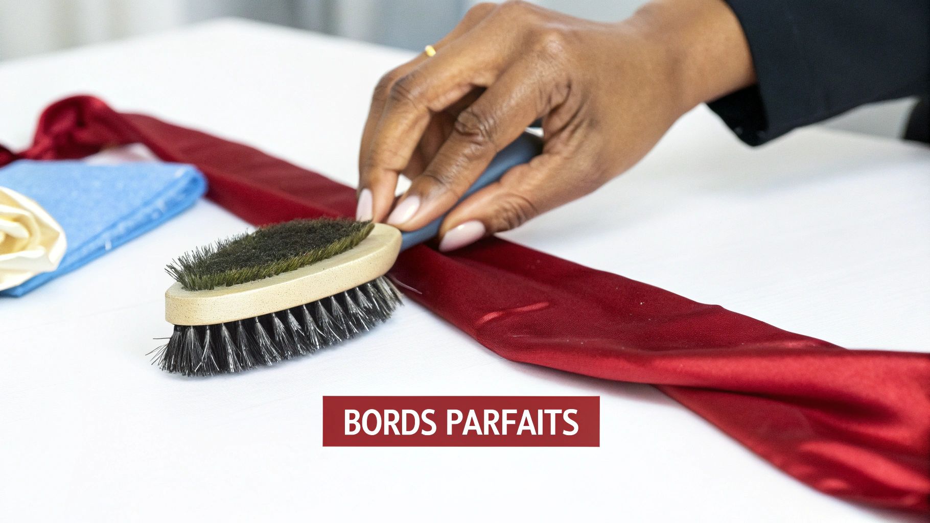 Une main brosse délicatement une cravate rouge sur une table blanche, visant des bords parfaits.