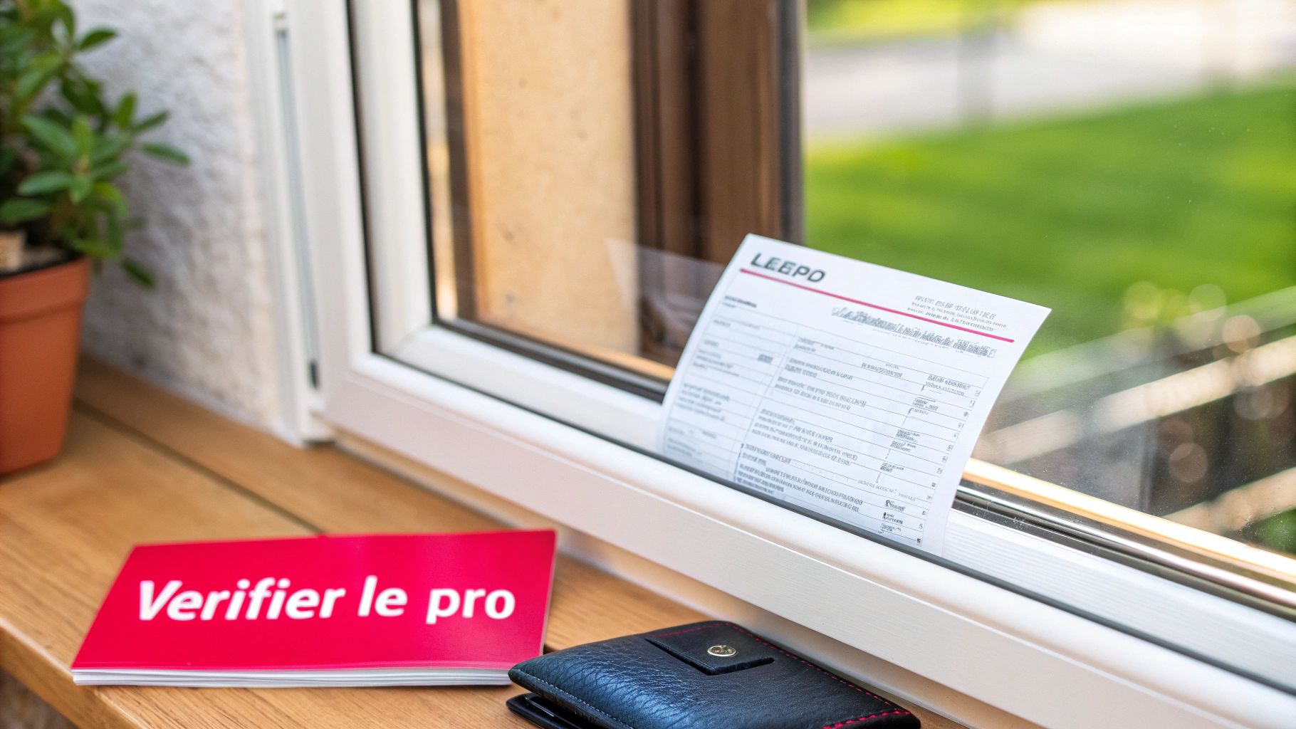 Une facture Leepo est collée sur une fenêtre, avec un livret rouge et un portefeuille sur le rebord en bois.