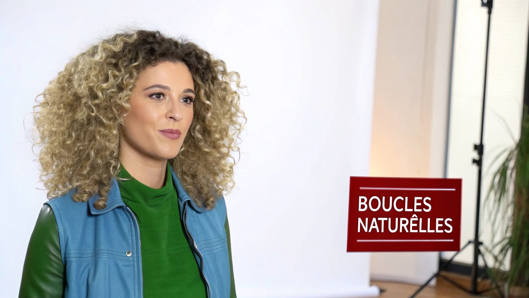 Femme avec de magnifiques boucles naturelles blondes portant un haut vert et gilet bleu