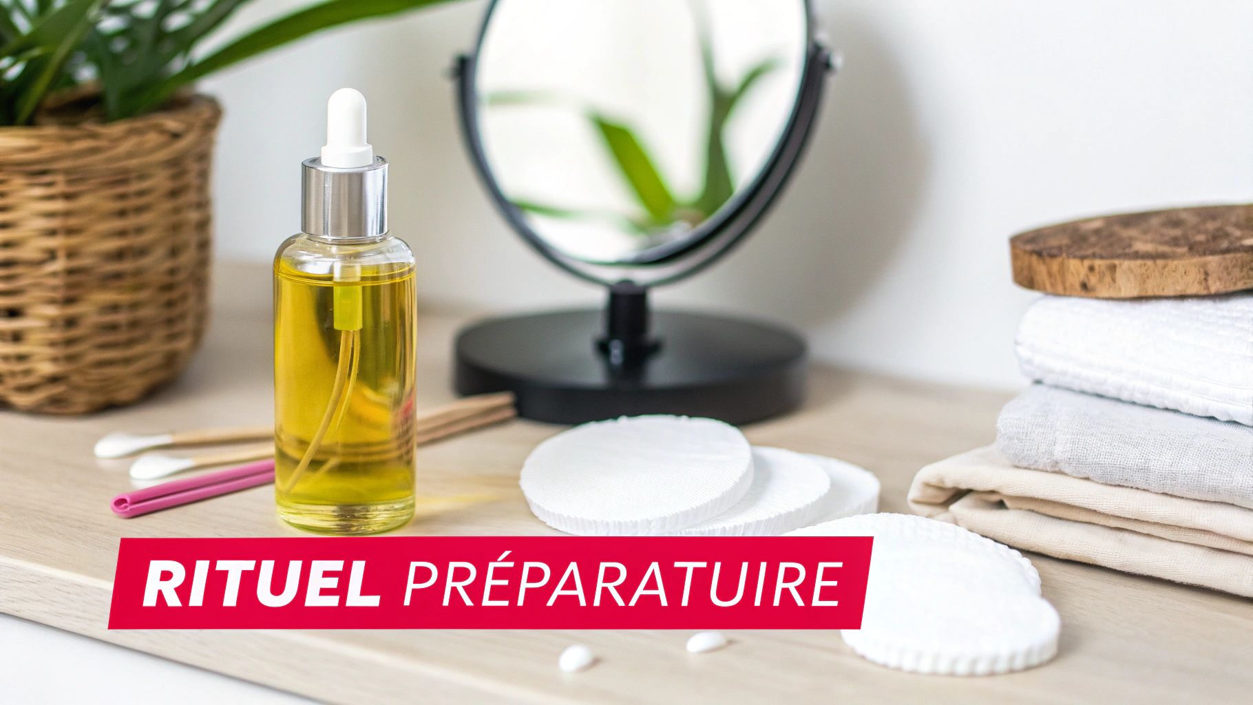 Huile de soin, cotons et miroir pour un rituel préparatoire de beauté sur une surface en bois clair.
