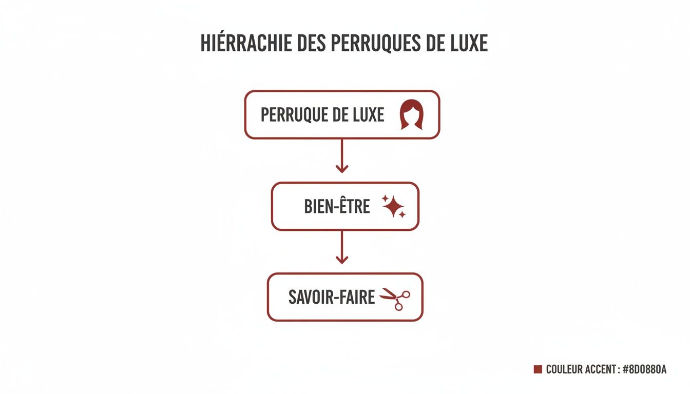 Diagramme hiérarchique sur les perruques de luxe, de la perruque au bien-être et au savoir-faire.