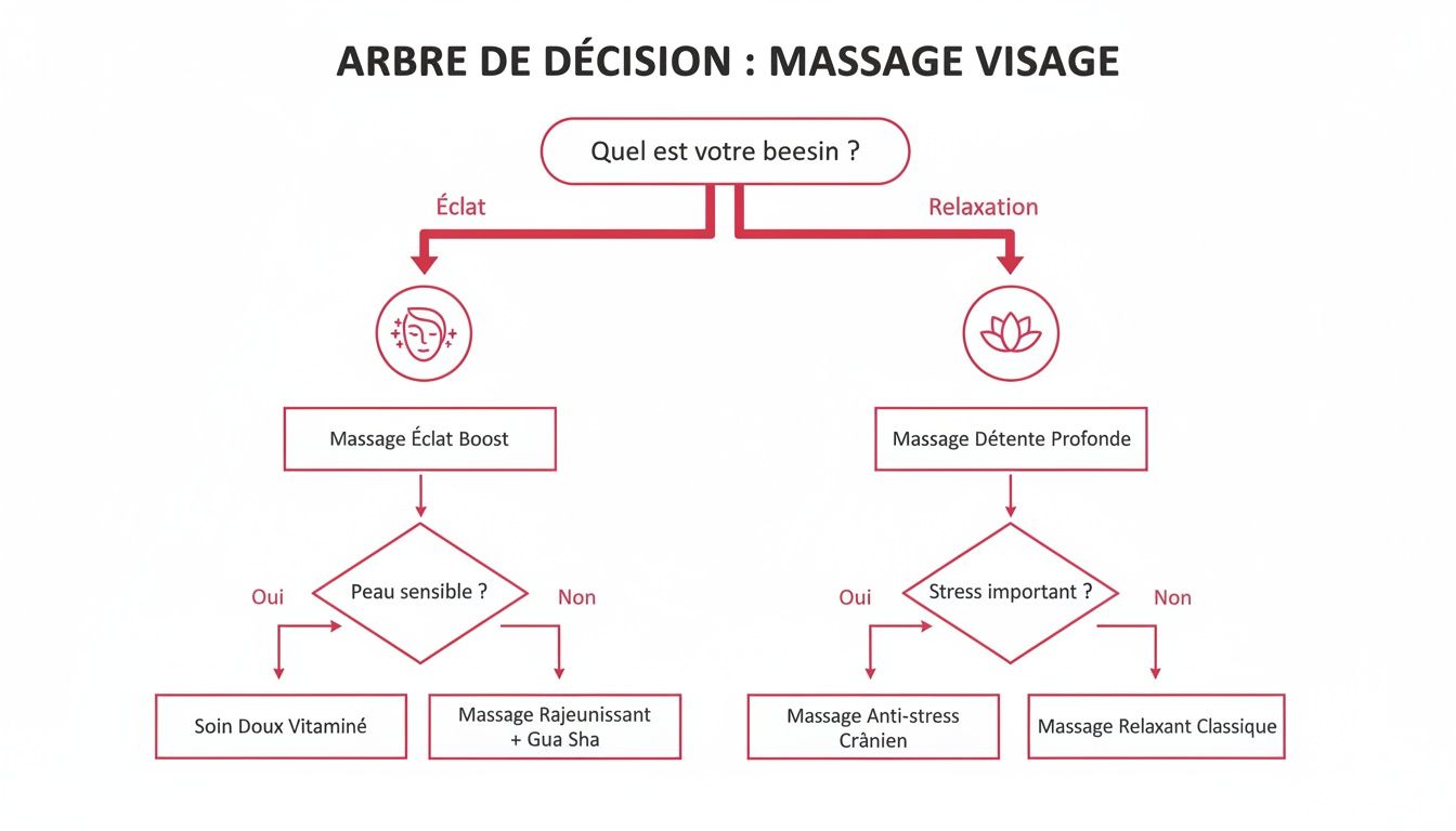 Diagramme de décision pour choisir un massage du visage adapté aux besoins d'éclat ou de relaxation.