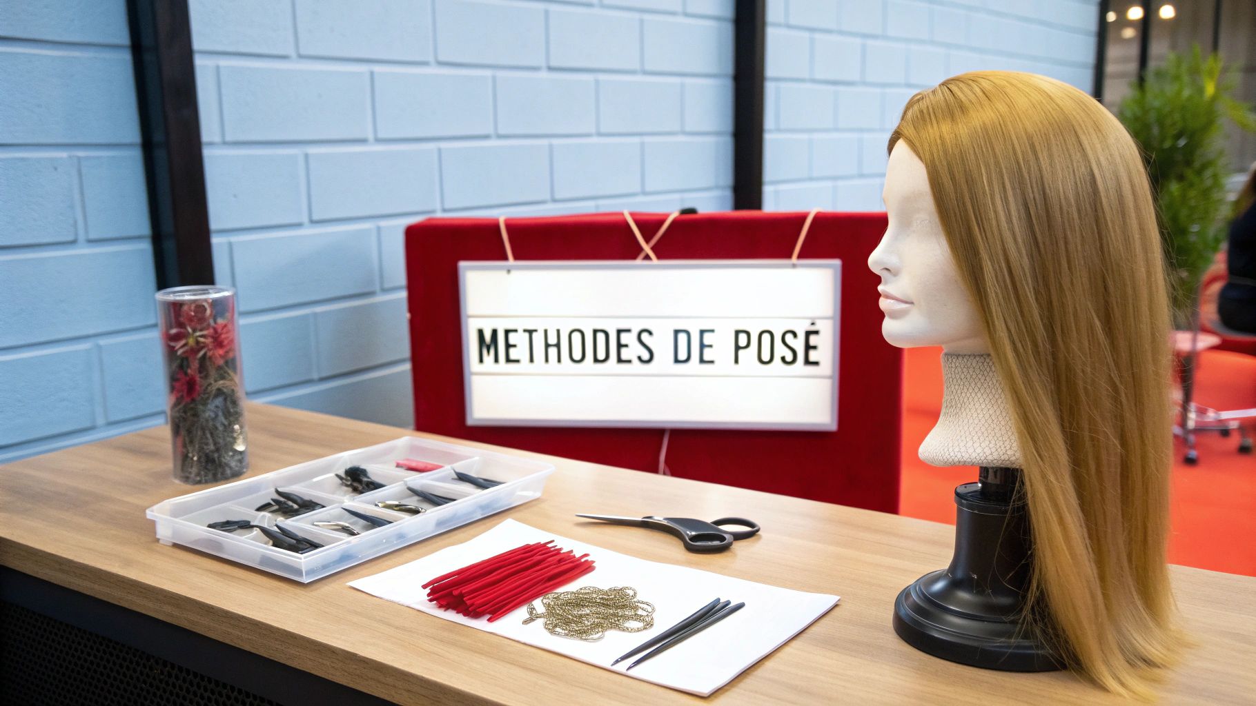 Table avec tête de mannequin aux cheveux blonds, outils d'extensions capillaires et panneau lumineux 'METHODES DE POSÉ'.