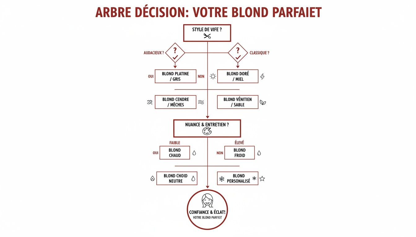 Infographie d'un arbre de décision pour choisir votre blond parfait selon votre style et vos préférences.