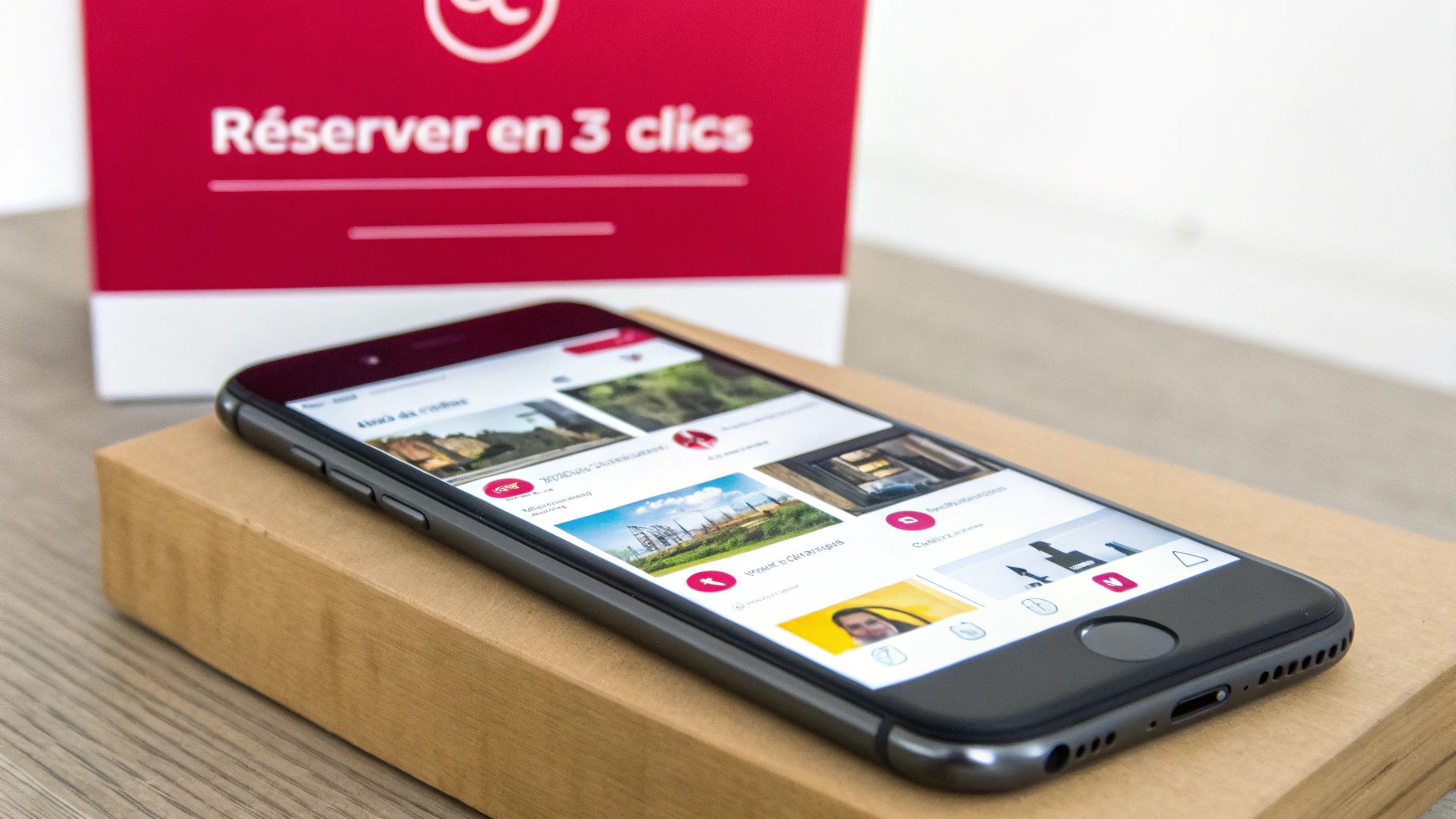 Un smartphone noir affiche une application, posé sur une boîte en carton, avec une pancarte "Réserver en 3 clics".