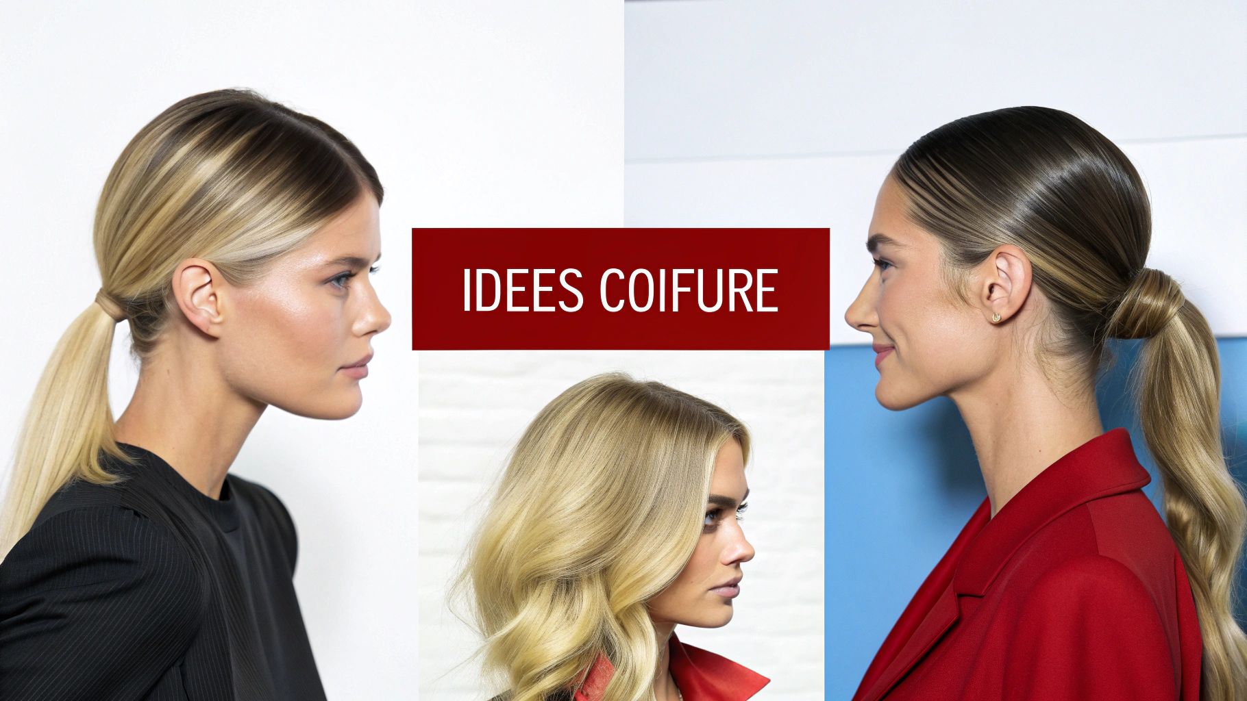Trois femmes présentent des idées de coiffures, notamment des balayages blonds et des queues de cheval.