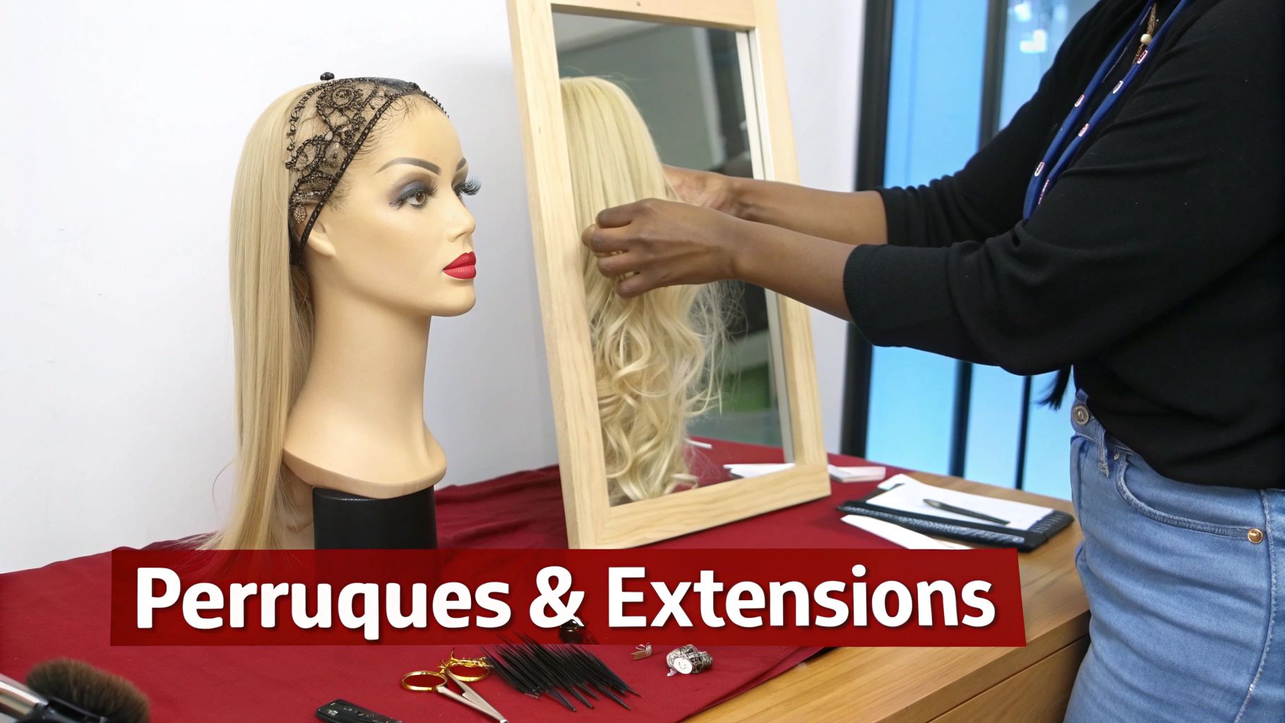 Mannequin avec perruque blonde et une personne coiffant une perruque dans un miroir, avec des outils de coiffure.