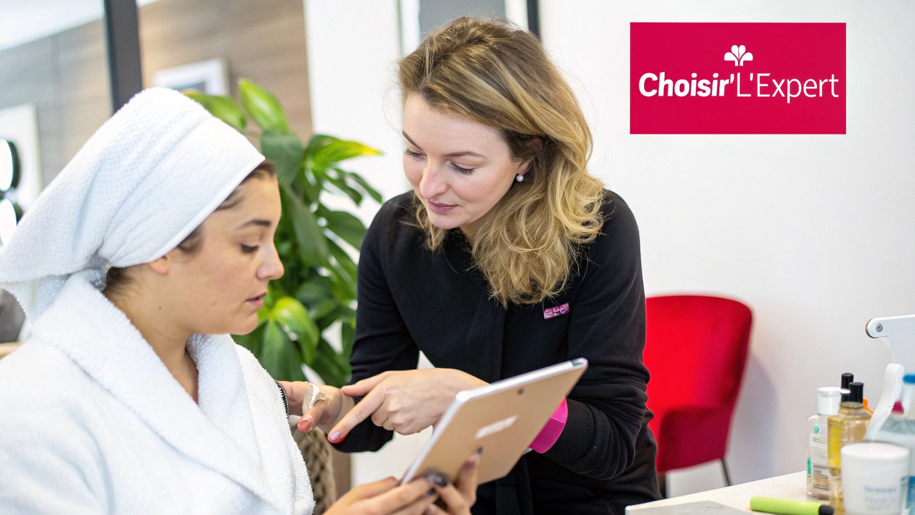 Une esthéticienne conseille une cliente portant une serviette et une robe de bain, montrant des options sur une tablette.