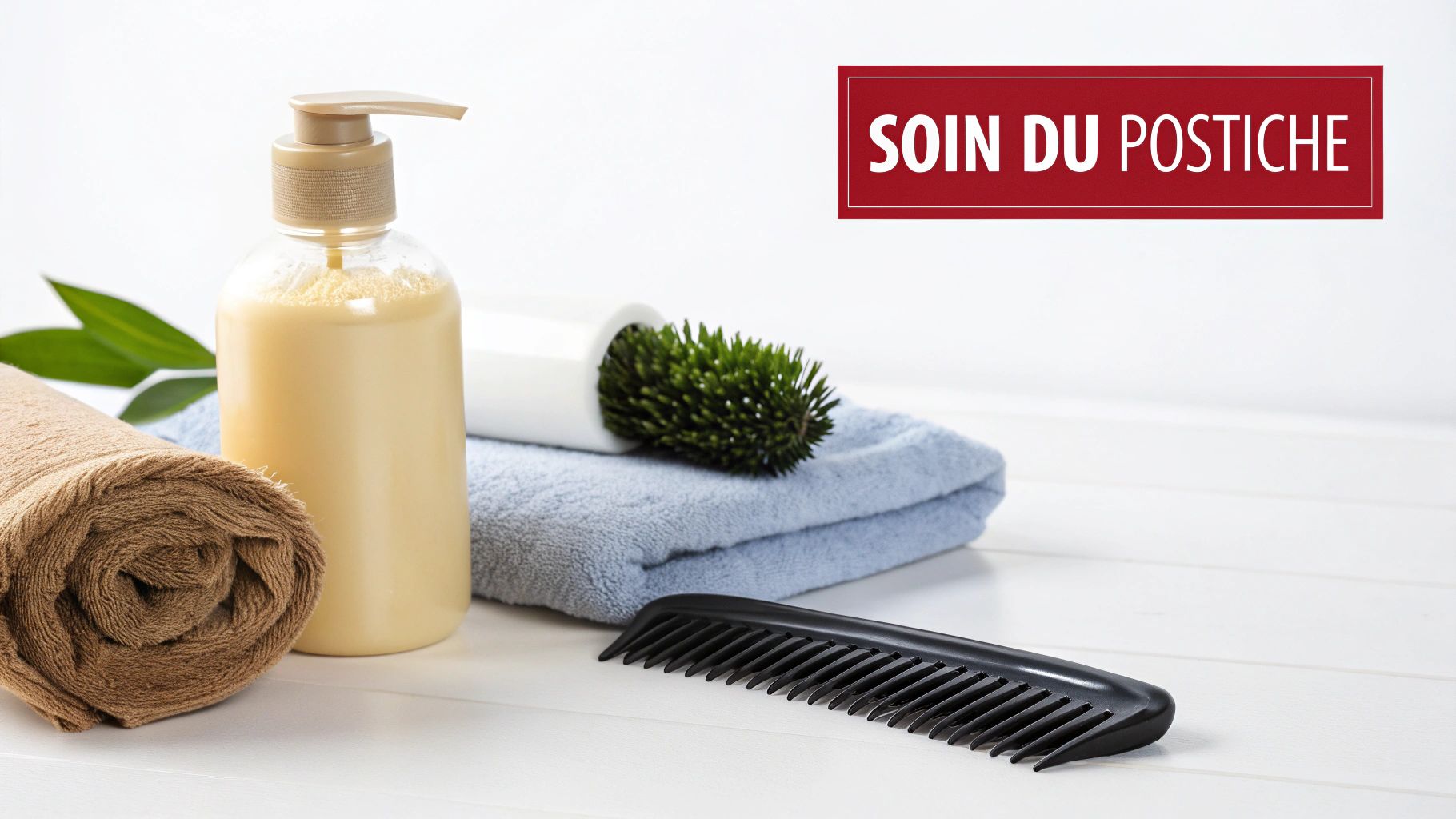Produits de soin pour postiche, comprenant un shampoing, des serviettes douces, une brosse et un peigne.