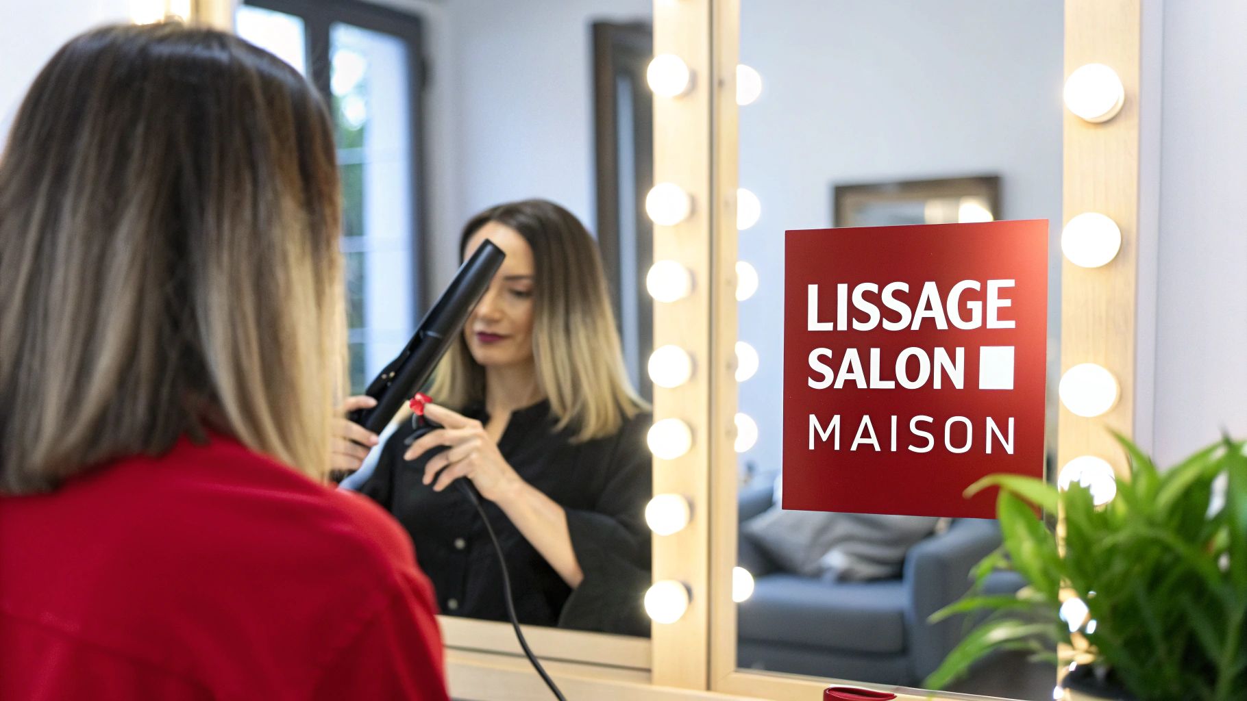 Une femme se coiffe les cheveux avec un fer à lisser devant un miroir éclairé, avec un panneau "LISSAGE SALON MAISON".