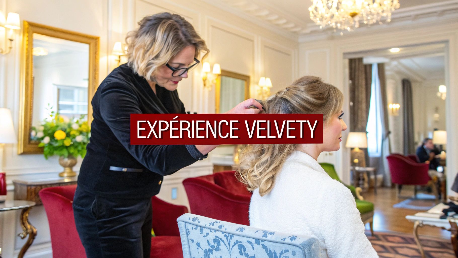 Une femme se fait coiffer dans le salon luxueux de Velvety Paris