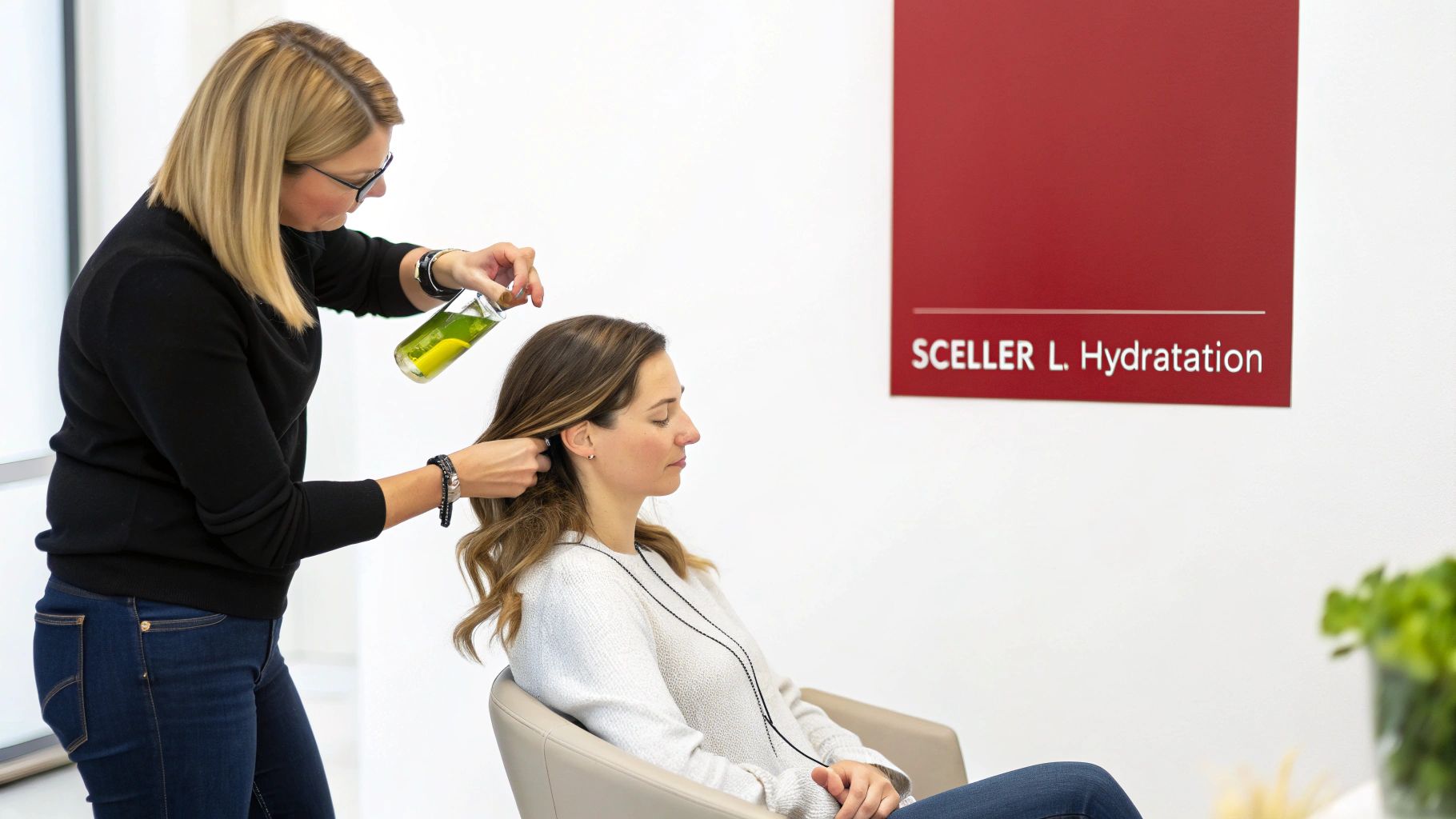 Flacon d'huile de soin capillaire à côté d'ingrédients naturels comme l'avocat