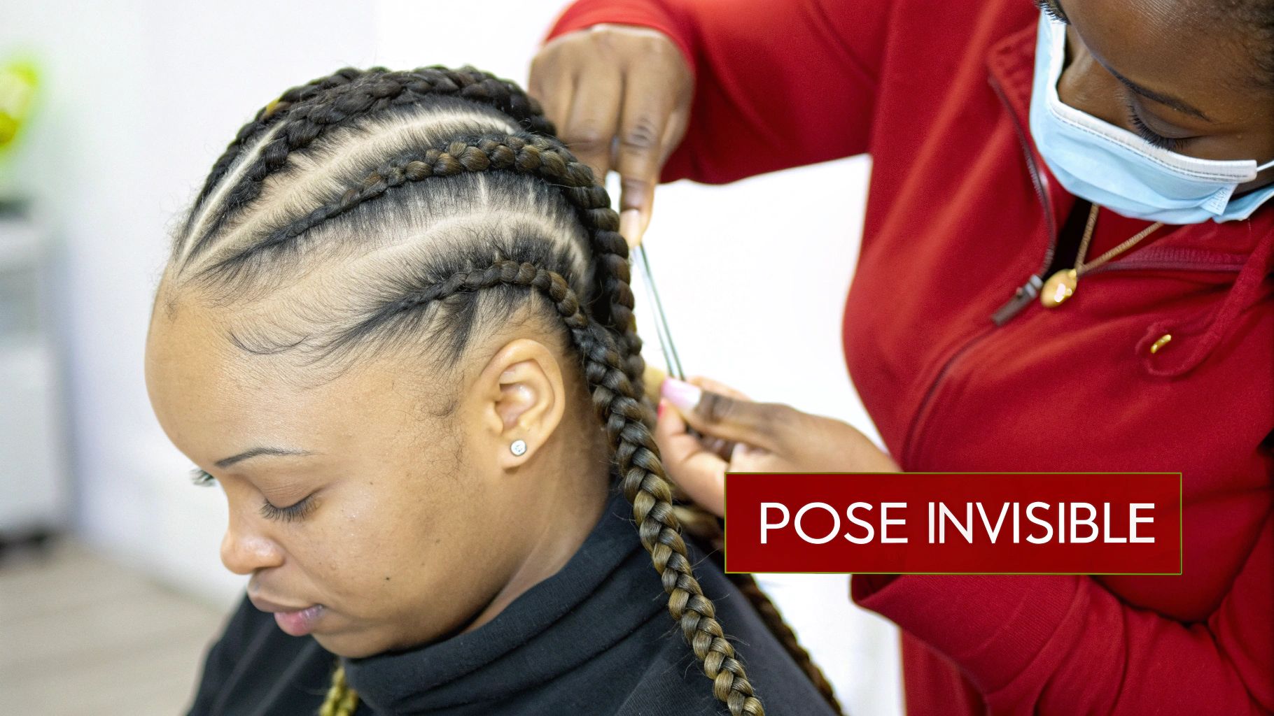 Une femme se fait tresser les cheveux en nattes africaines par une coiffeuse masquée attentivement.