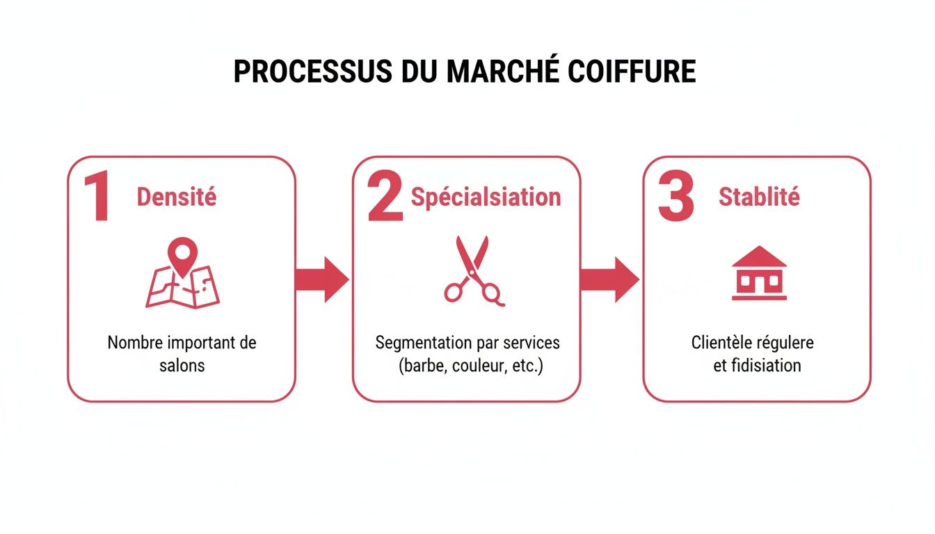 Ce graphique illustre le processus du marché de la coiffure en trois étapes : densité des salons, spécialisation des services et fidélisation de la clientèle.