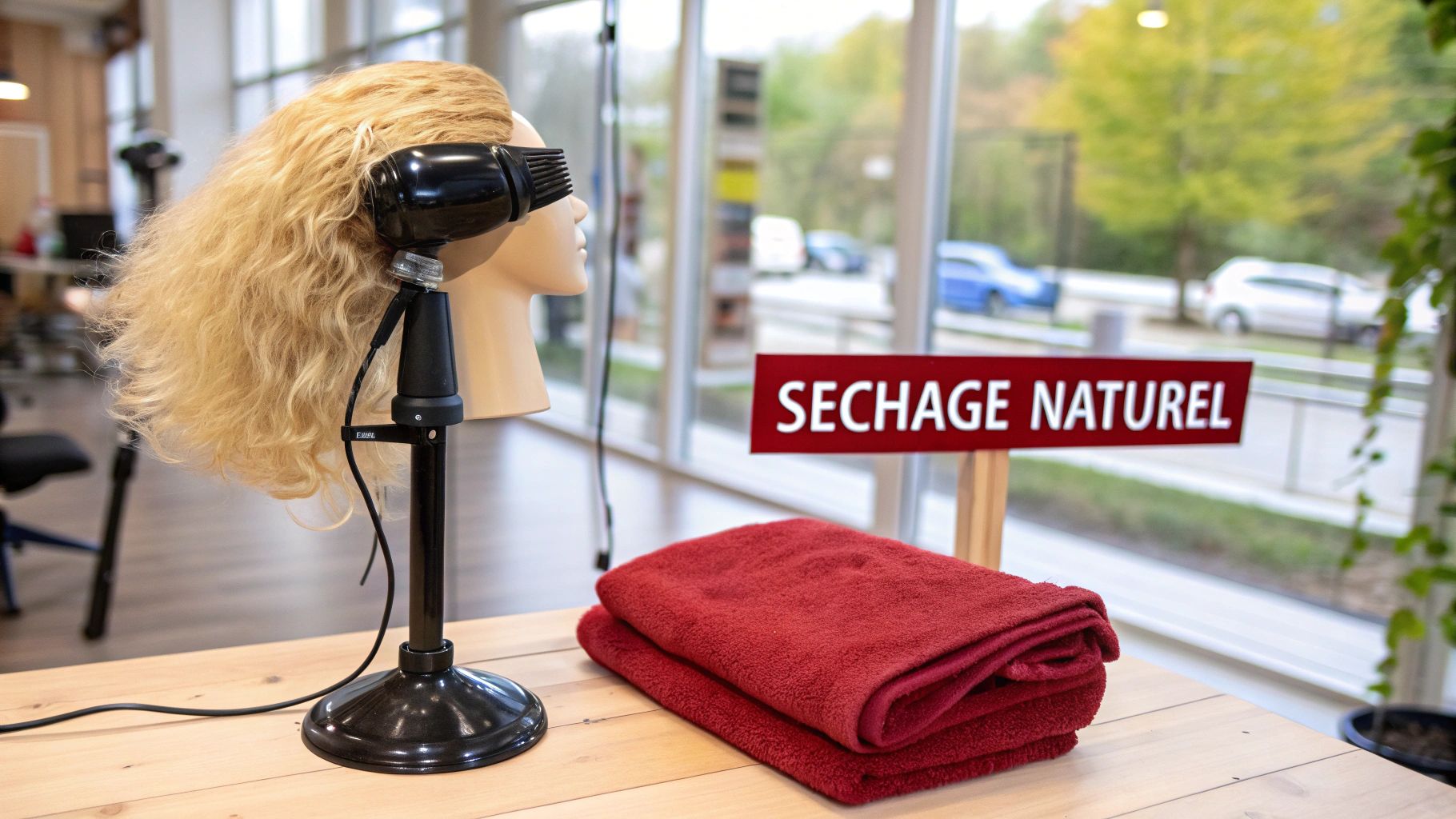 Une perruque synthétique séchant à l'air libre sur un support dédié