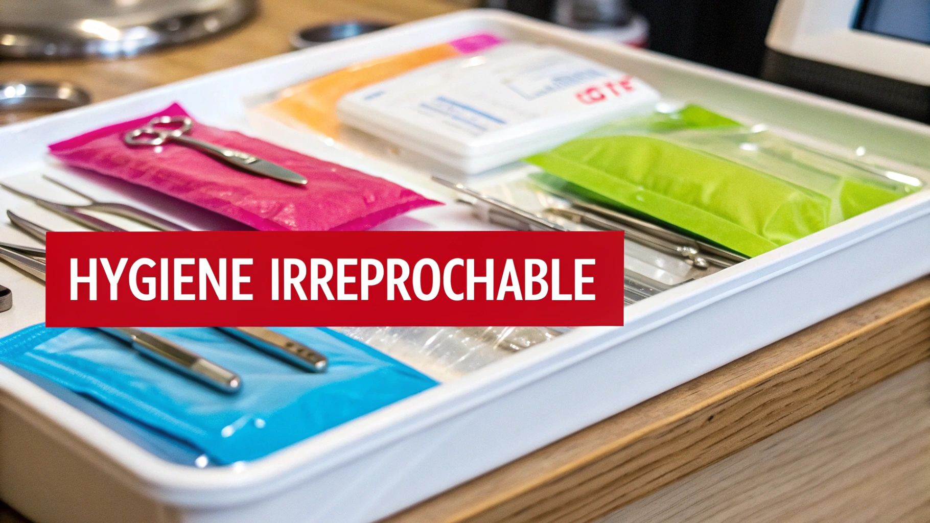 Un plateau blanc rempli d'instruments médicaux stérilisés emballés de différents couleurs, sous la bannière "HYGIENE IRREPROCHABLE".