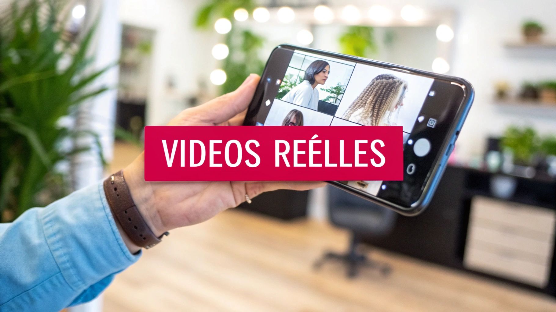 Une main tient un smartphone affichant des vidéos de coiffures, avec la bannière «VIDEOS RÉELLES».