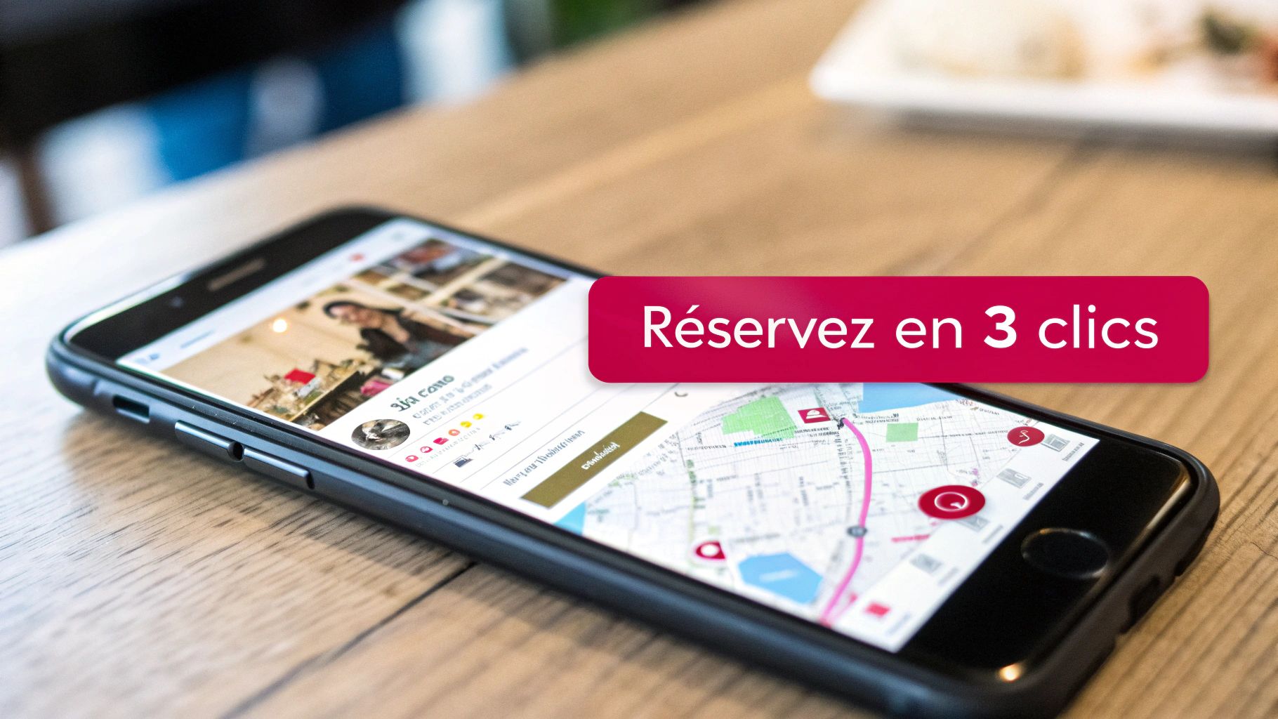 Smartphone affichant une application de réservation avec un message rouge "Réservez en 3 clics".