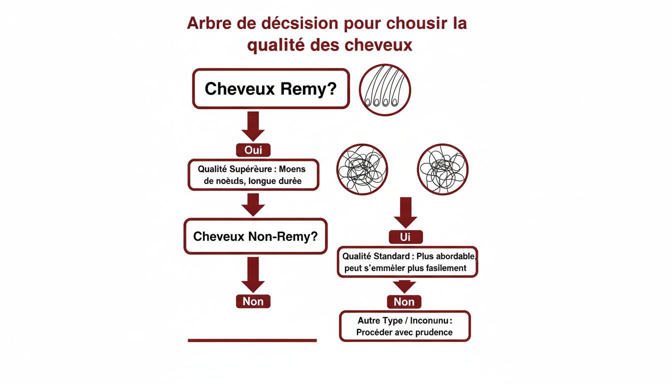 Diagramme de décision expliquant le choix de la qualité des cheveux, incluant Remy et Non-Remy.